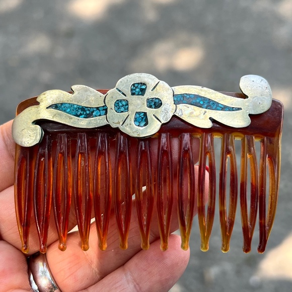 ANTIQUE VINTAGE FAUX TORTOISE STERLING SLVER TURQUOISE INLAID HAIR COMB ORNAMENT main image 10